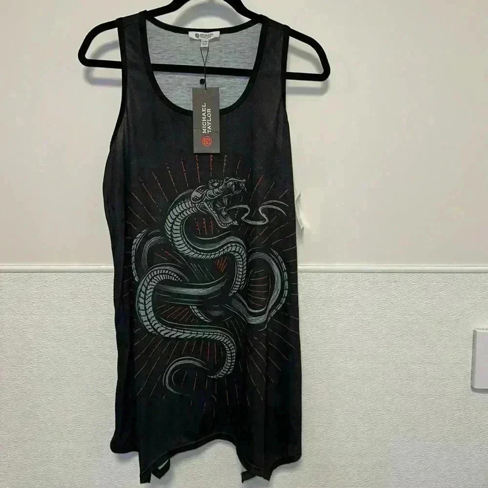 NWT! Michael Taylor Tank Dress, S/M, Black & Red with rhinestones / Snake
